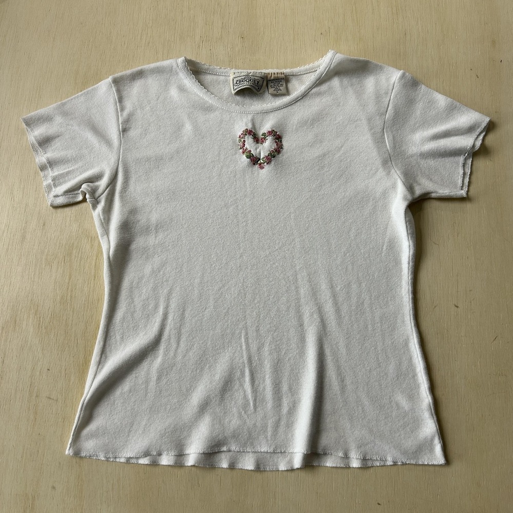 Vintage 90s Croquet Club Shirt Womens Large White Embroidered Heart Cotton Tee